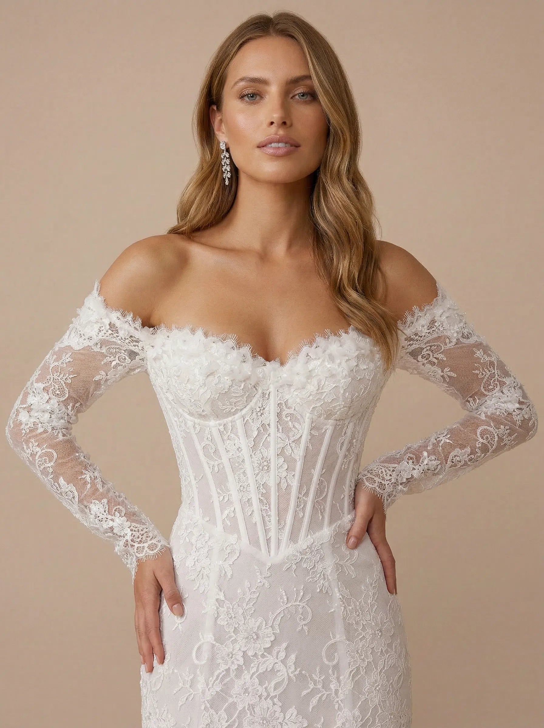 Off the Shoulder Lace Corset Bodice Mini Wedding Dress with Long Sleeves