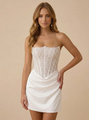 White Strapless Sequin Beaded Satin Mini Wedding Dress with Corset