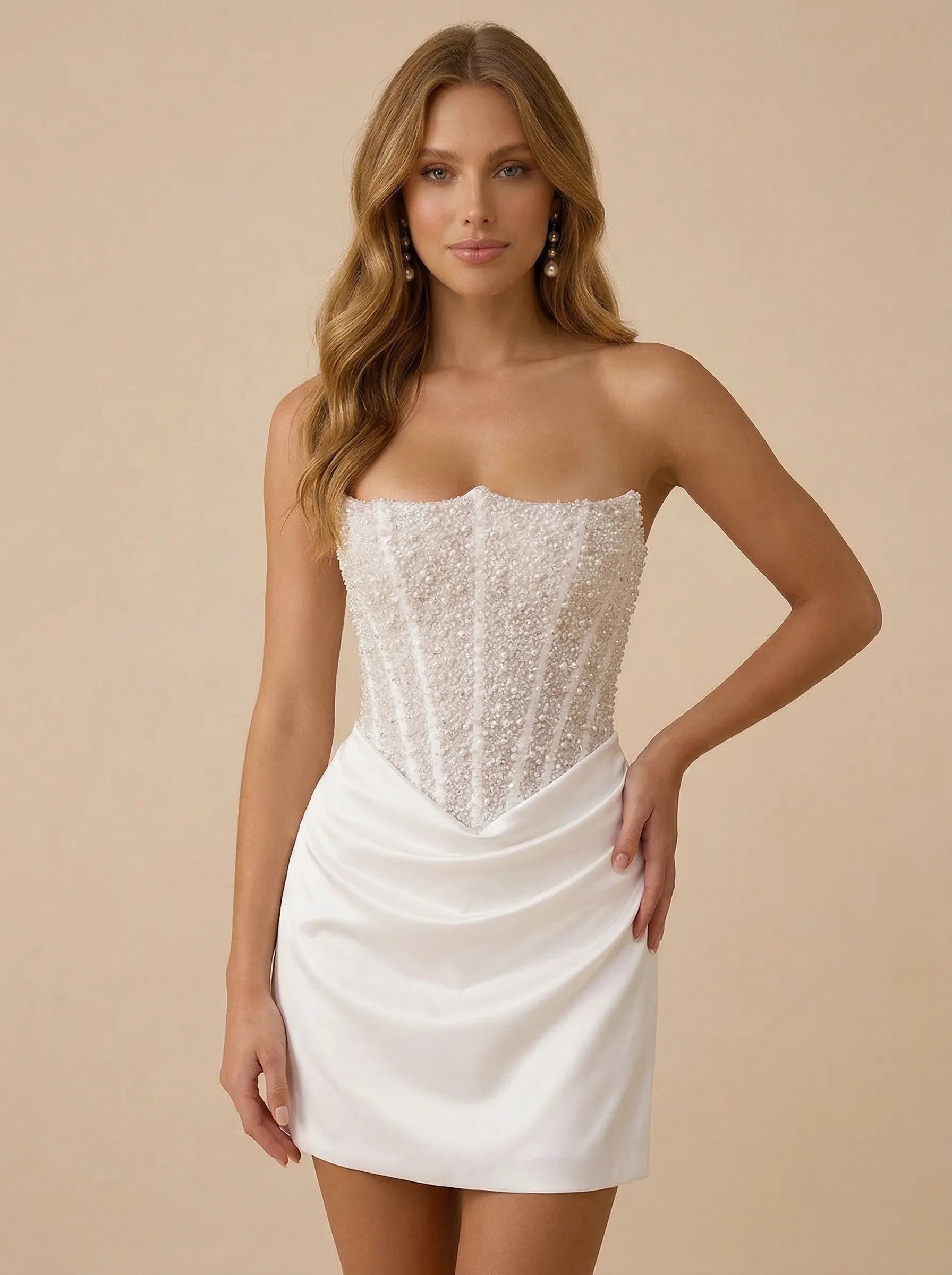 White Strapless Sequin Beaded Satin Mini Wedding Dress with Corset