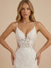 V-Neck Spaghetti Straps Lace Applique Mermaid Wedding Dress