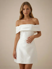 White Off the Shoulder Satin A-Line Mini Wedding Dress