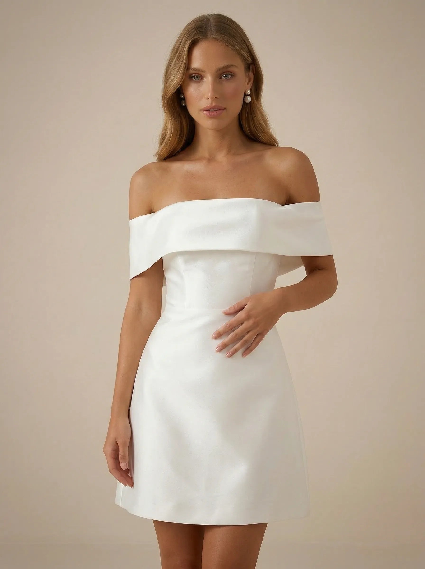 White Off the Shoulder Satin A-Line Mini Wedding Dress