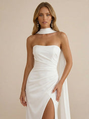 Strapless Ruched High Slit Satin Wedding Dress with Scarf