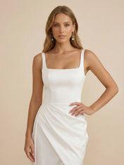 White Square Neck Sleeveless Satin Wedding Dress with High Slit