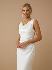 White Cowl Neck Sleeveless Backless Satin Bridal Gown with Ruched