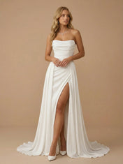 Strapless Ruched Chiffon Floor-Length Wedding Gown with High Slit