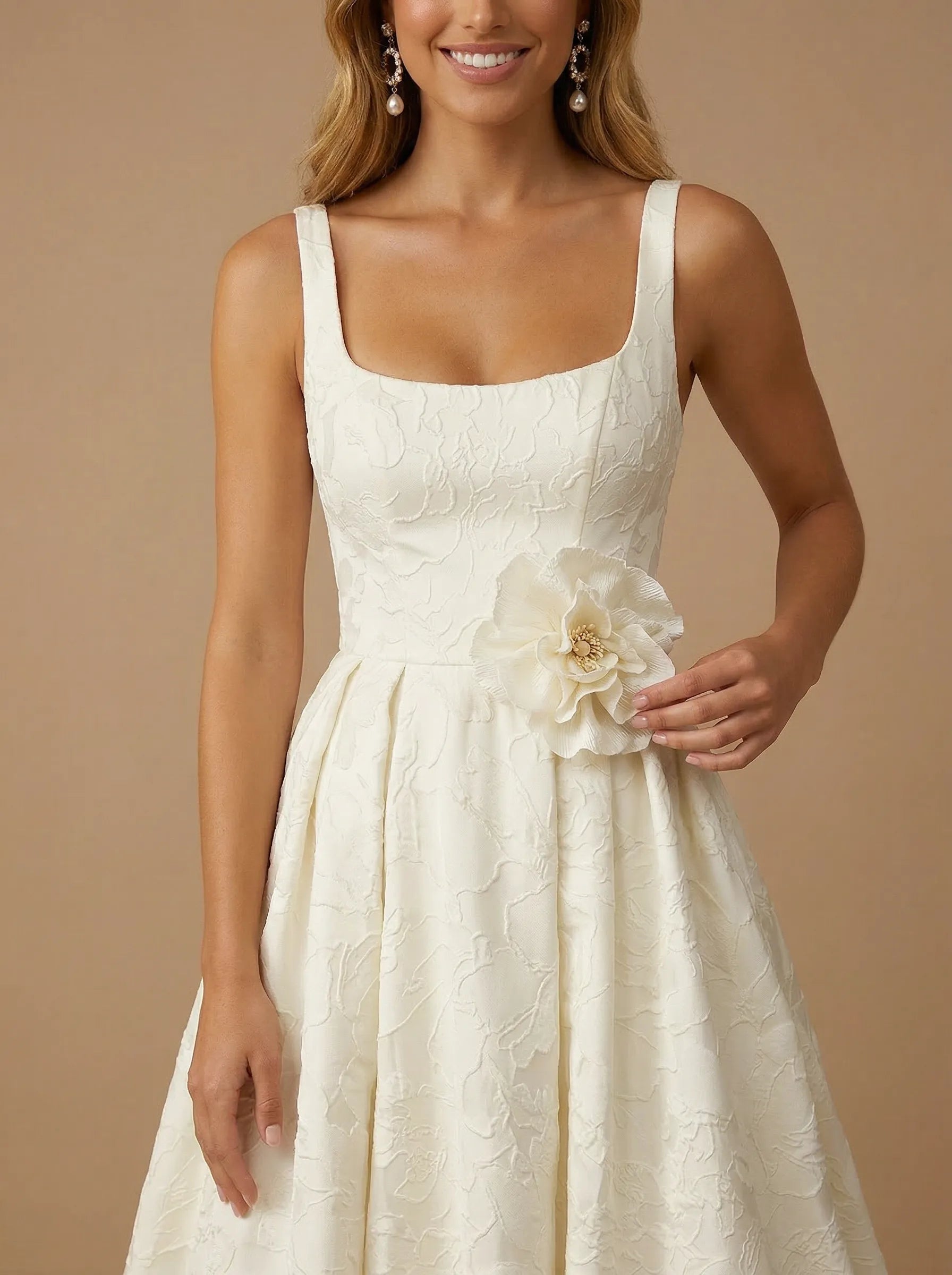Square Neck Floral 3D Flower Ball Gown with Pockets