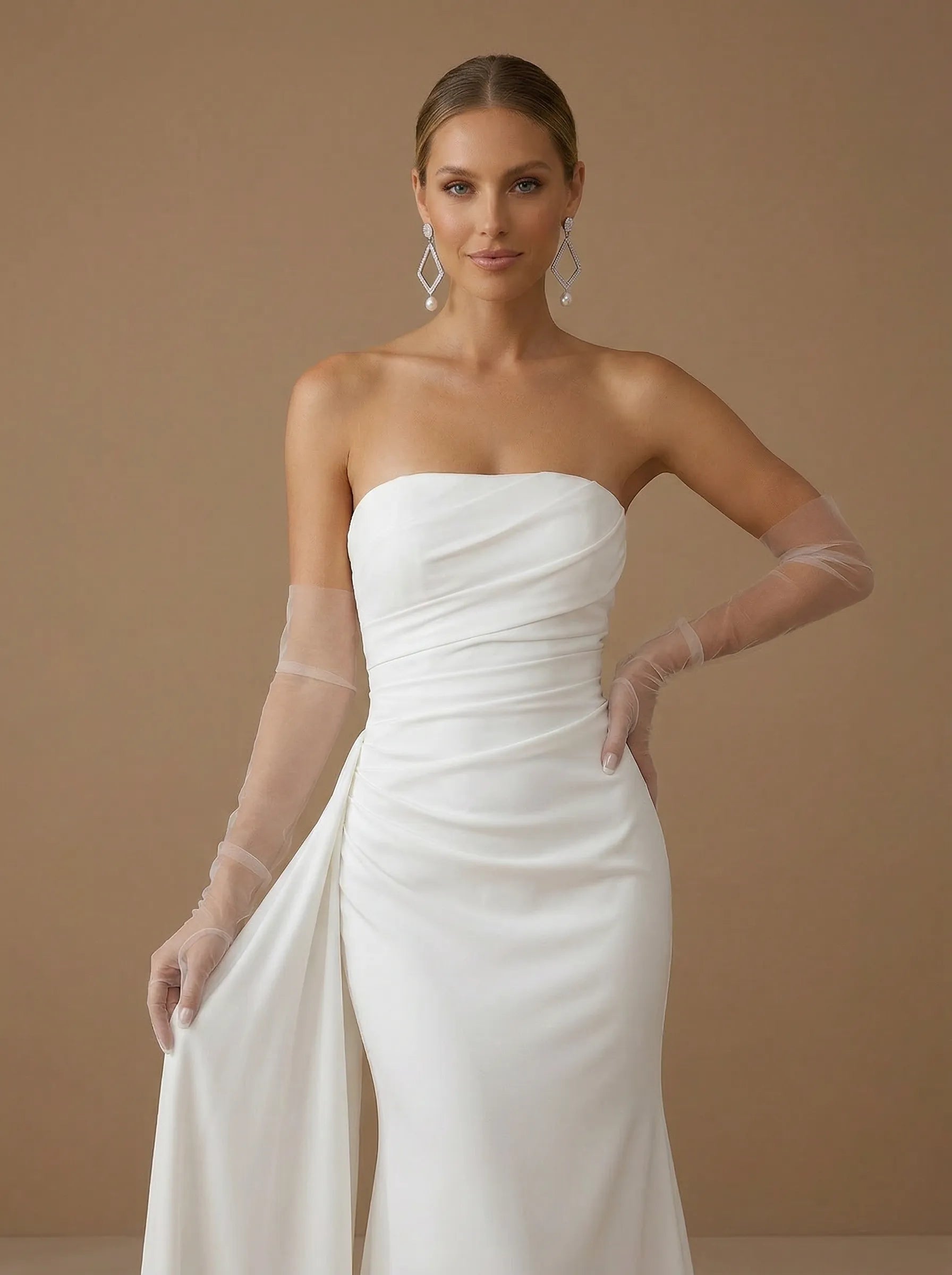 White Strapless Satin Mermaid Wedding Dress with Bow