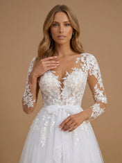 White Long Sleeve Floral Lace V Neck A-Line Tulle Bridal Gown