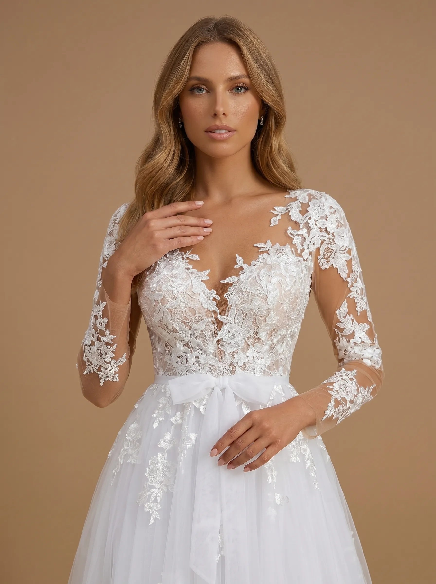 White Long Sleeve Floral Lace V Neck A-Line Tulle Bridal Gown