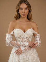 Off the Shoulder Floral Lace Corset Long Sleeves Wedding Dress