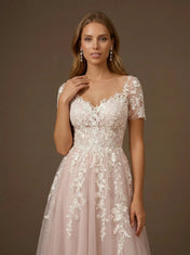 Short Sleeve Floral Lace Tulle Tea-Length Midi Wedding Dress