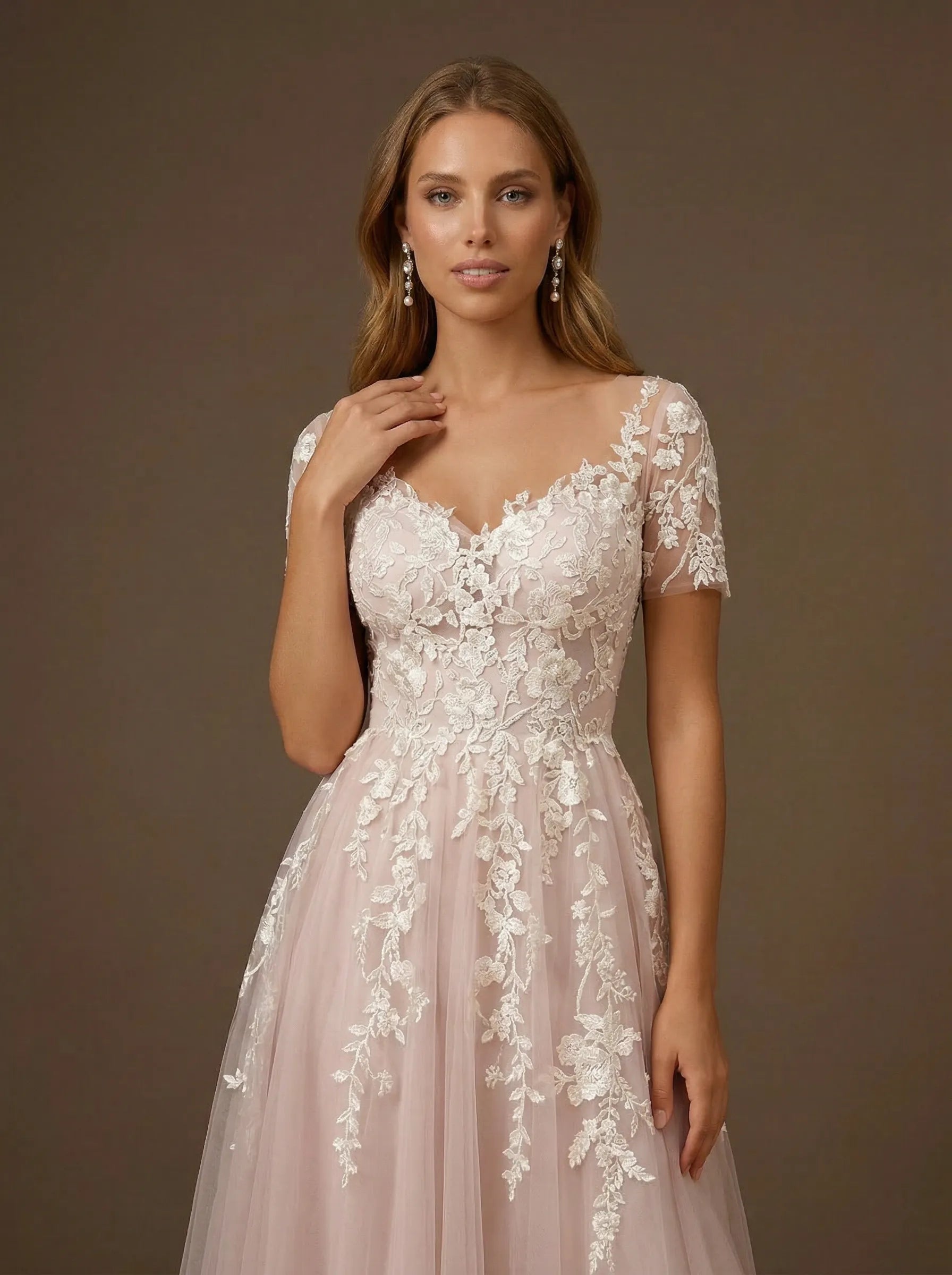 Short Sleeve Floral Lace Tulle Tea-Length Midi Wedding Dress