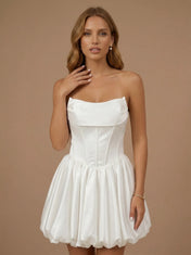 White Strapless Satin Puff A Line Mini Bridal Dress with Corset