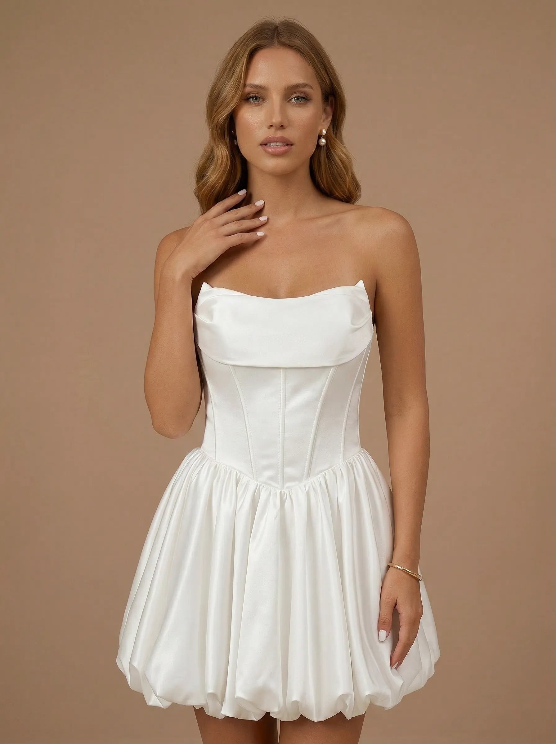 White Strapless Satin Puff A Line Mini Bridal Dress with Corset
