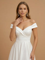 Off the Shoulder Ruched Satin Floor-Length Wedding Gown with Slit