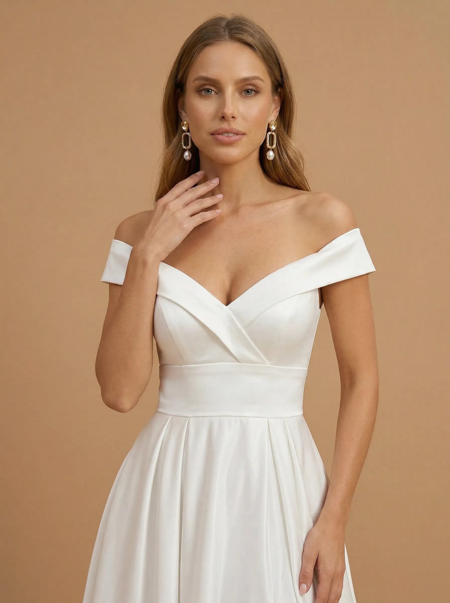 Off the Shoulder Ruched Satin Floor-Length Wedding Gown with Slit