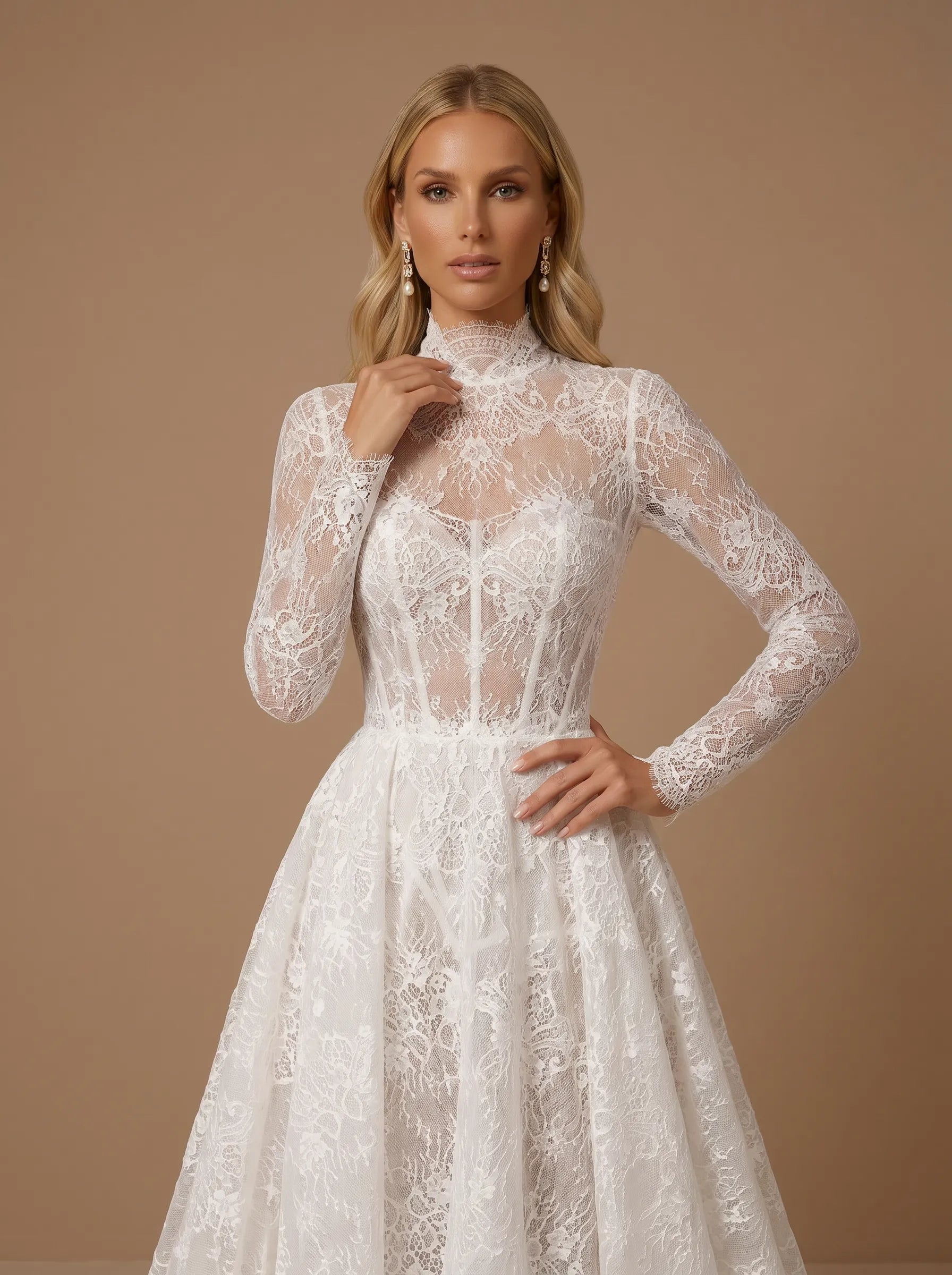 White High Neck A Line Lace Applique Wedding Dress with Train