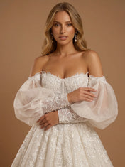 Off the Shoulder Lace Applique Ball Gown with Lantern Sleeves