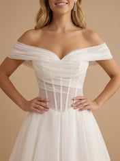 Off the Shoulder Ruched Organza Flowy A-Line Wedding Gown