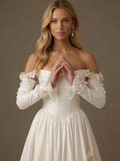 Off the Shoulder Satin Long Sleeves 3D Floral Ball Gown with Corset