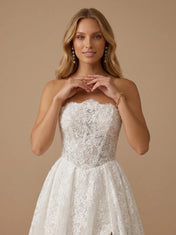 Ivory Strapless Lace Applique Sheer Illusion Bodice Wedding Dress with Slit