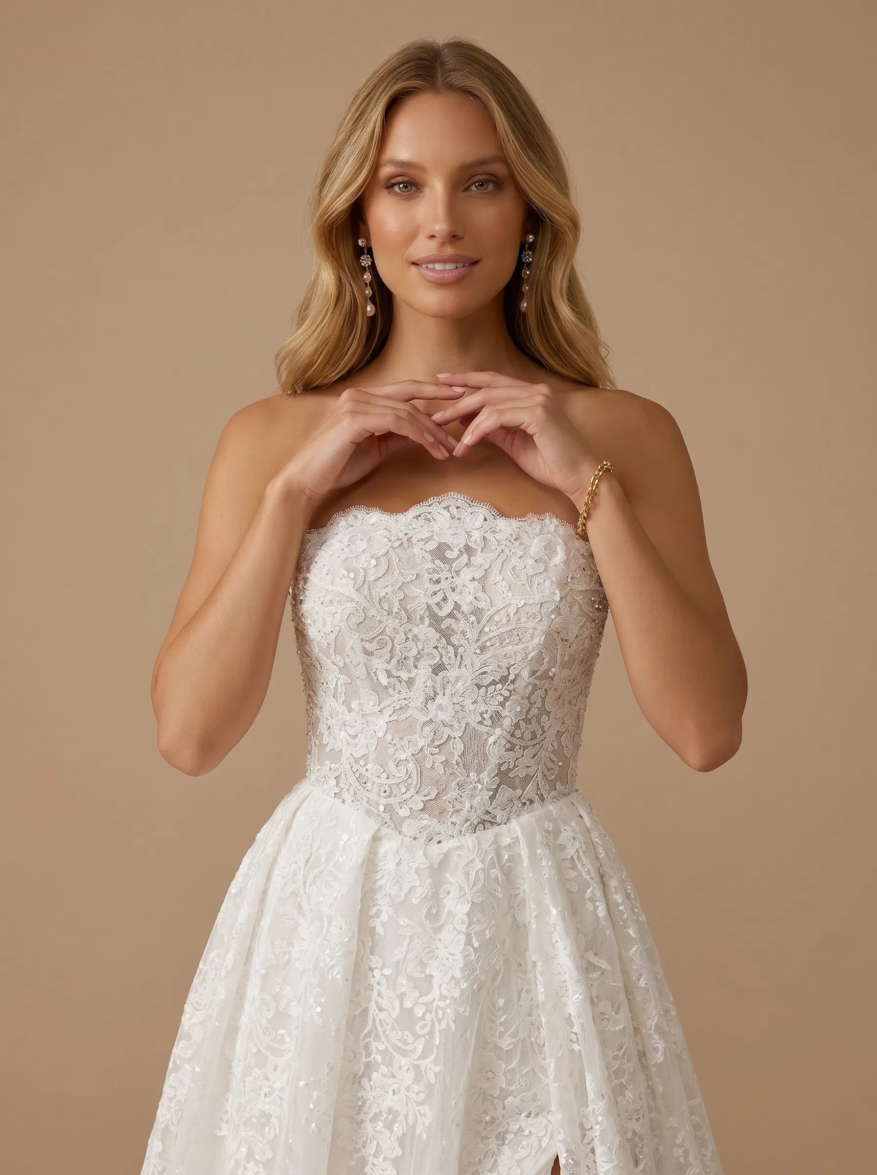 Ivory Strapless Lace Applique Sheer Illusion Bodice Wedding Dress with Slit
