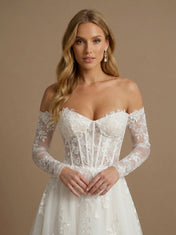 Off the Shoulder Lace Applique A Line Wedding Dress with Long Sleeves