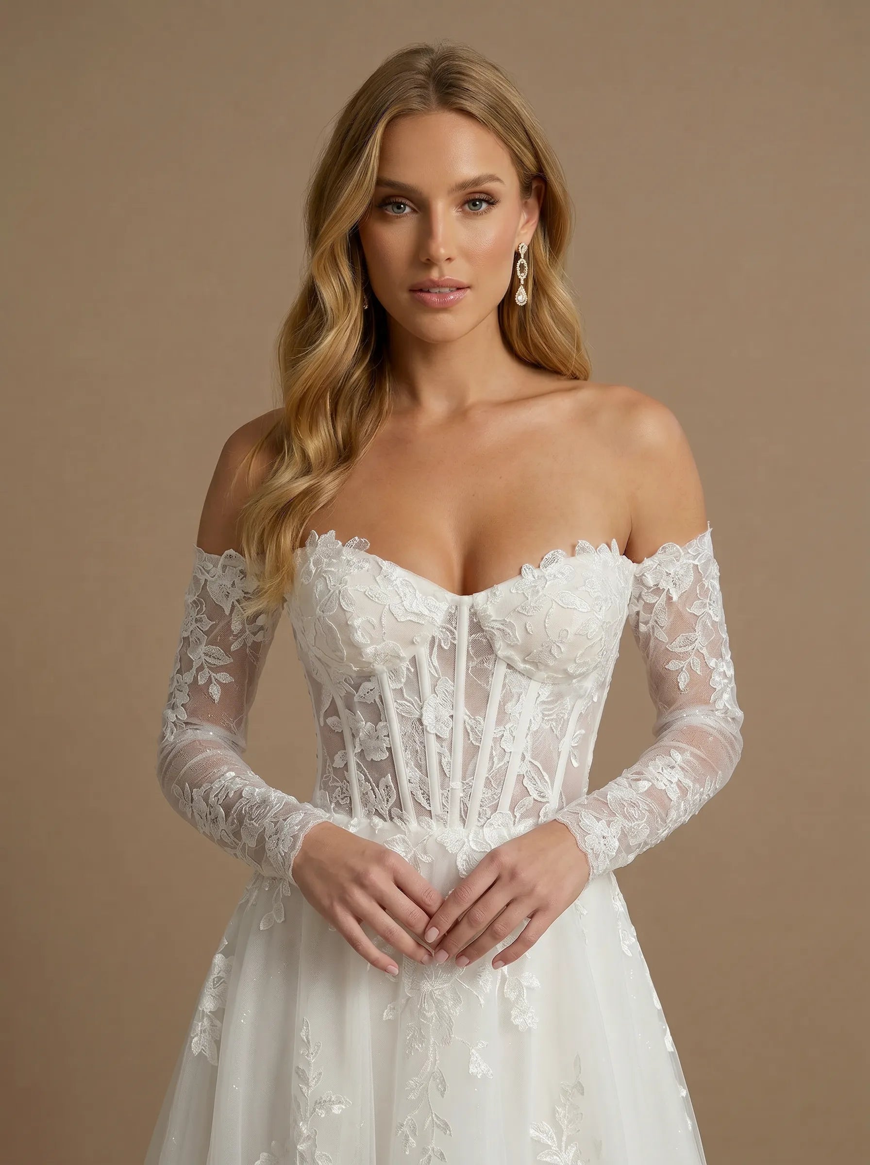Off the Shoulder Lace Applique A Line Wedding Dress with Long Sleeves