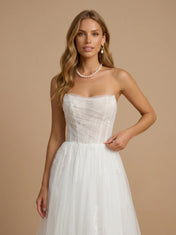 White Strapless Floral Lace Ruched Tulle Wedding Gown