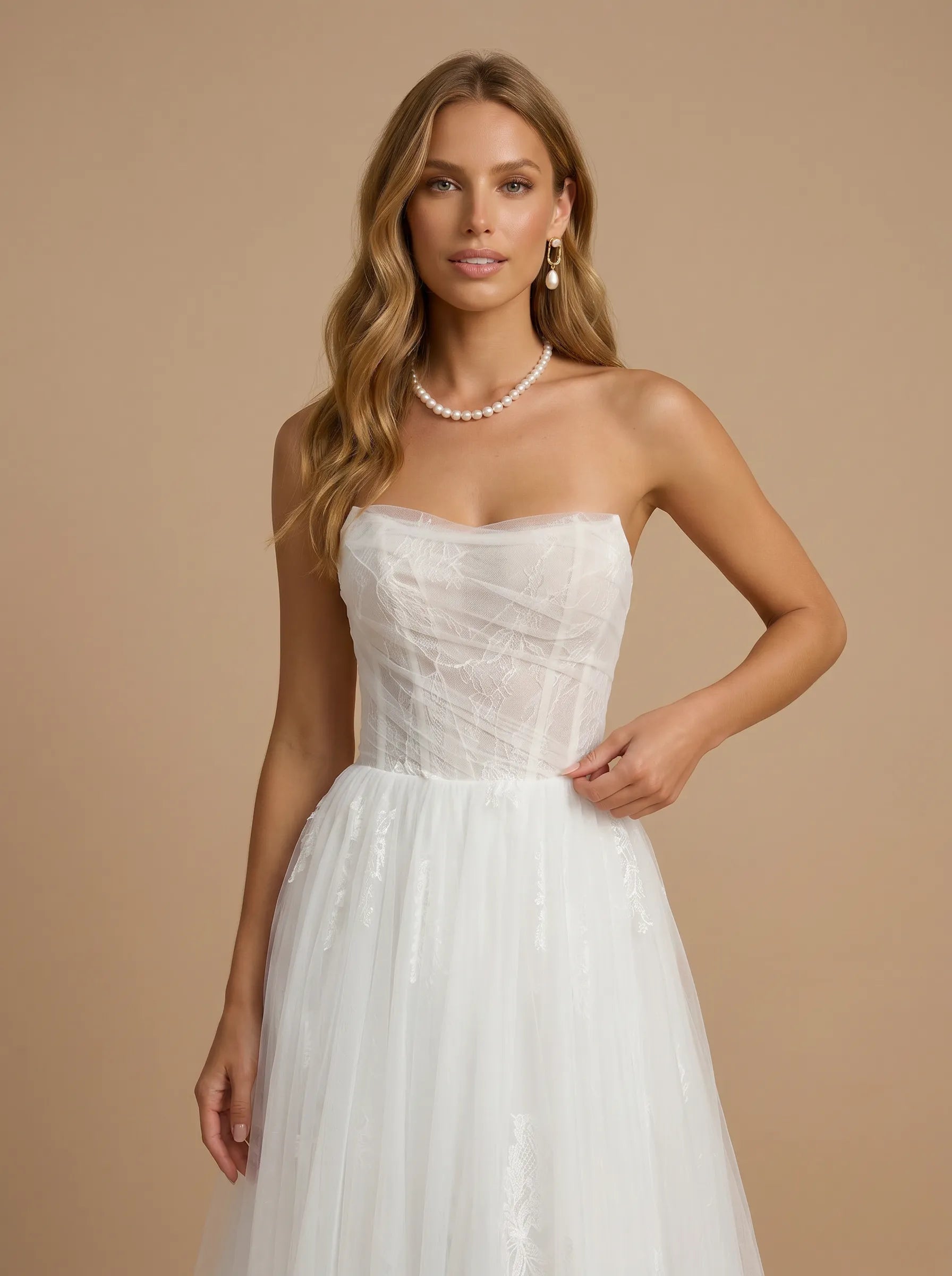 White Strapless Floral Lace Ruched Tulle Wedding Gown