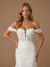 Off the Shoulder 3D Floral Lace Mermaid Wedding Gown with Corset