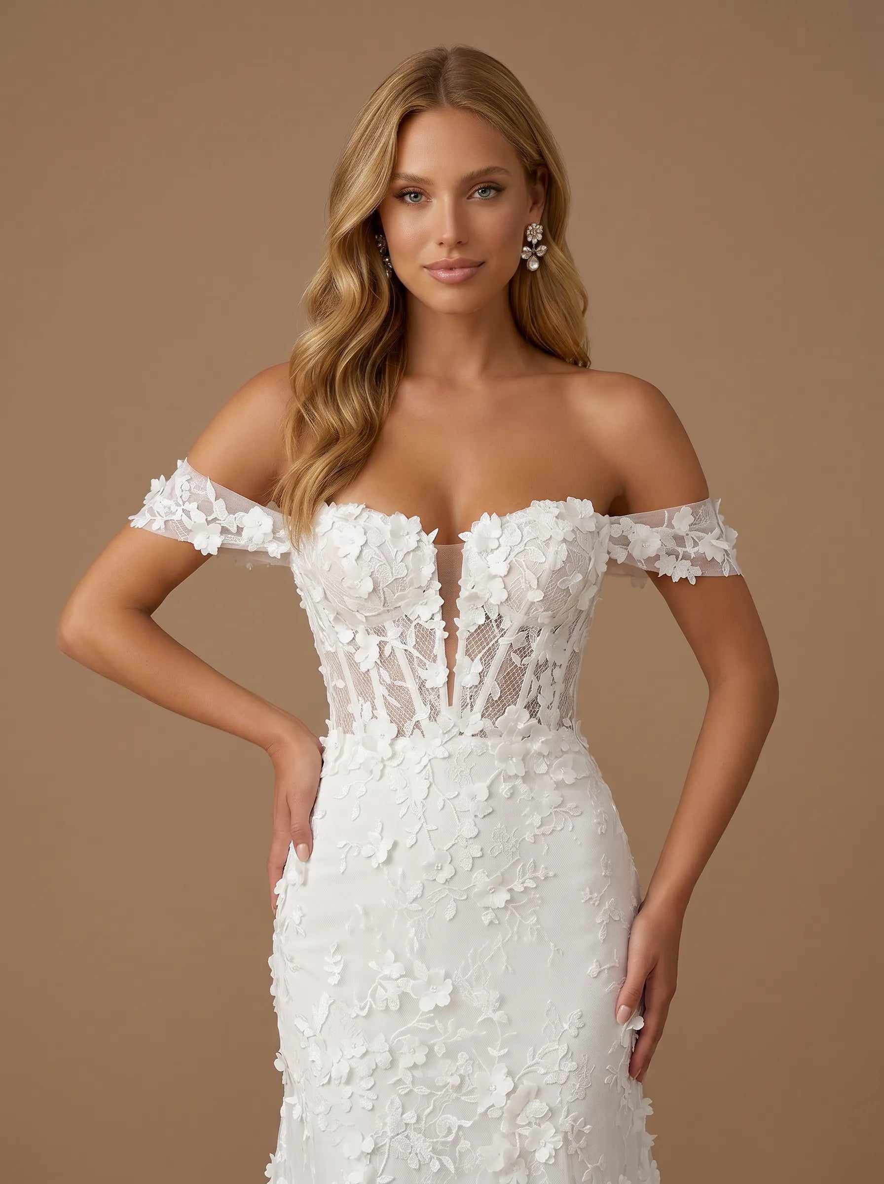 Off the Shoulder 3D Floral Lace Mermaid Wedding Gown with Corset