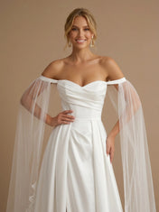 Off the Shoulder A-Line High Slit Satin Wedding Dress with Cape Sleeves