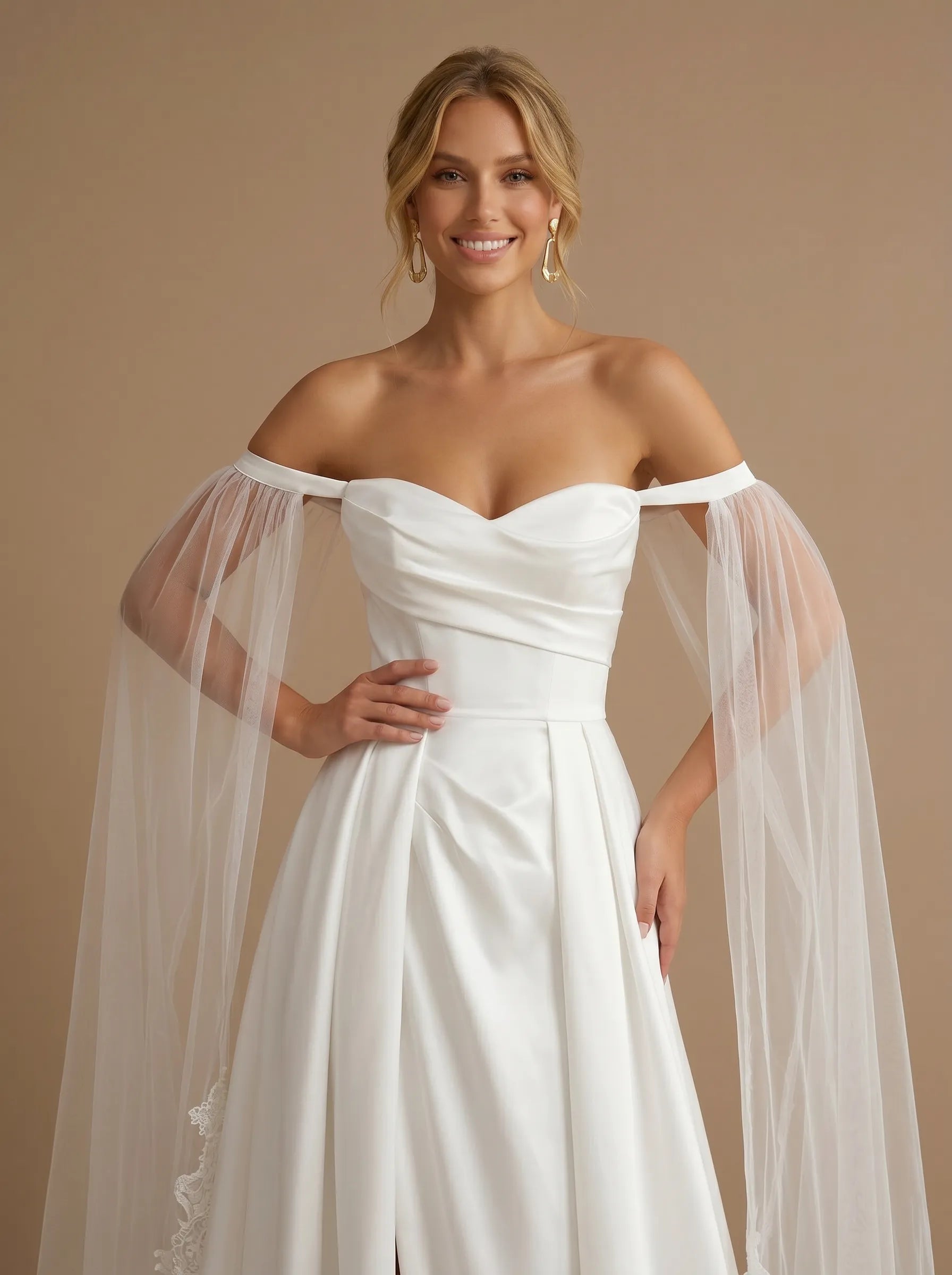 Off the Shoulder A-Line High Slit Satin Wedding Dress with Cape Sleeves