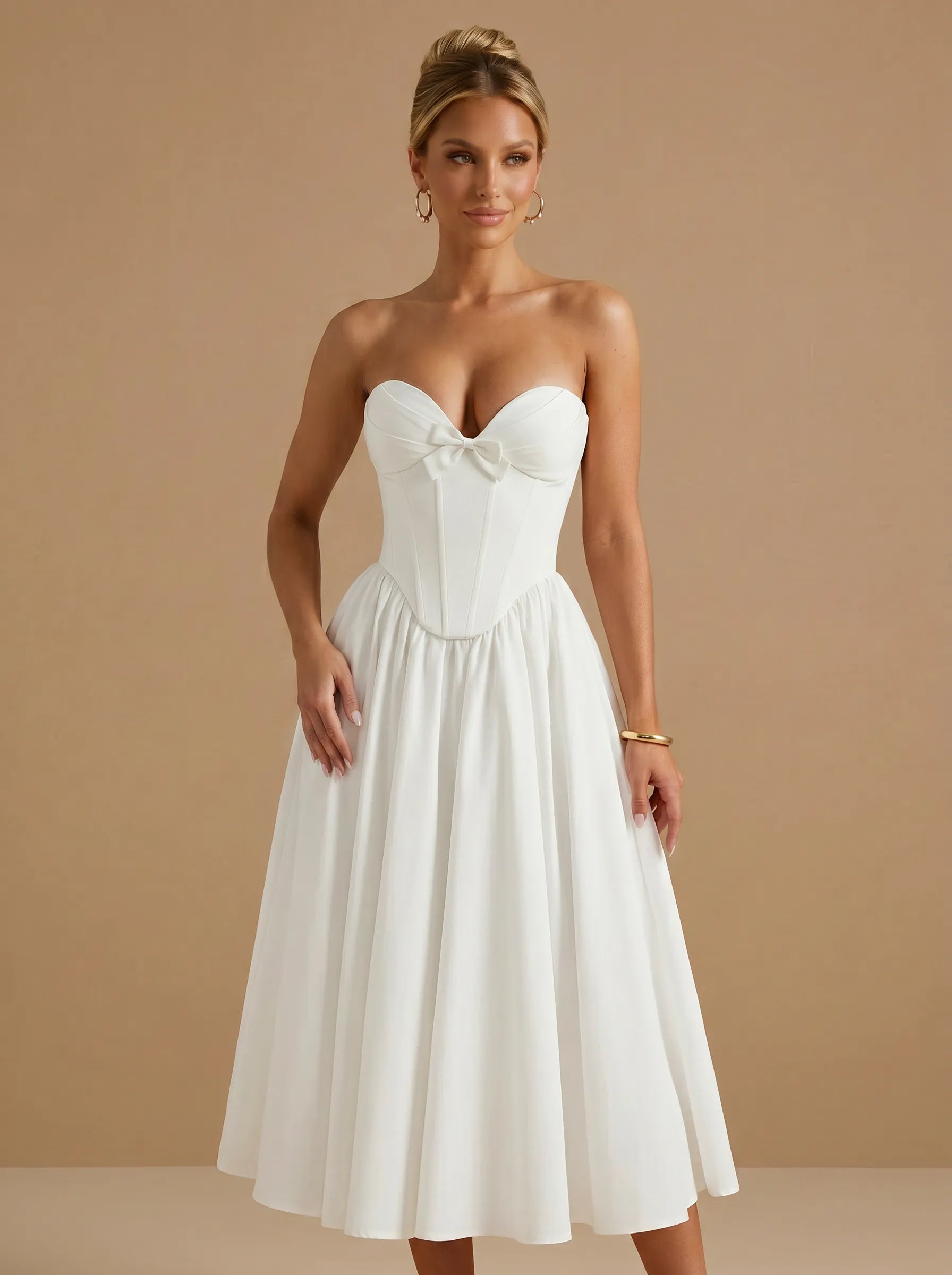 Strapless Sweetheart Satin Corset Tea-Length Bridal Dress with Bow