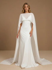 Scoop Neck Satin Mermaid Floor-Length Wedding Gown with Cape