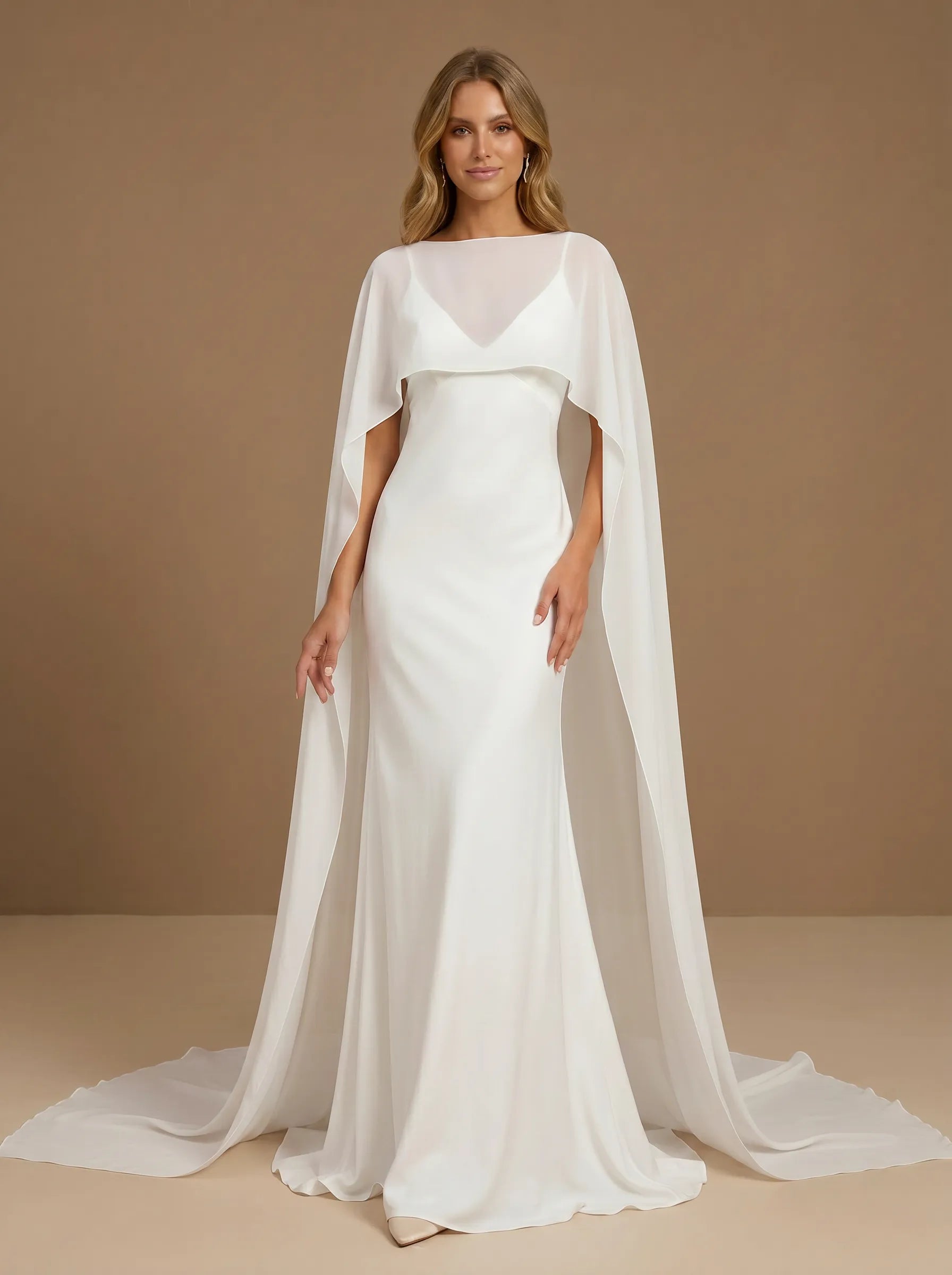 Scoop Neck Satin Mermaid Floor-Length Wedding Gown with Cape