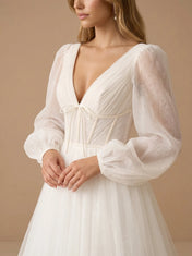 V-Neck Long Puff Lantern Sleeves Tulle Corset Bridal Gown