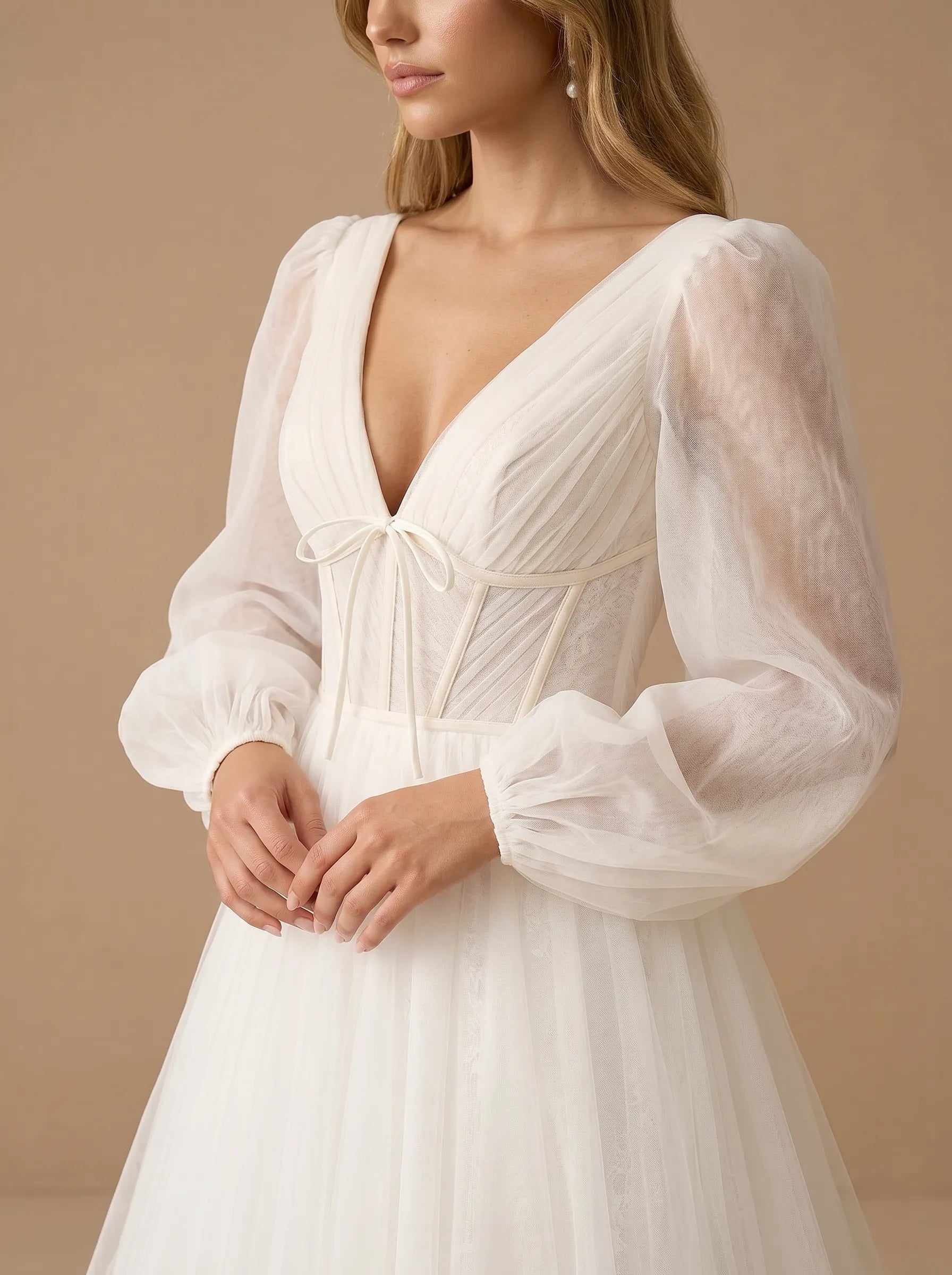 V-Neck Long Puff Lantern Sleeves Tulle Corset Bridal Gown