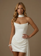 Strapless Cowl Neck Satin Bridal Mini Wedding Dress with Corset