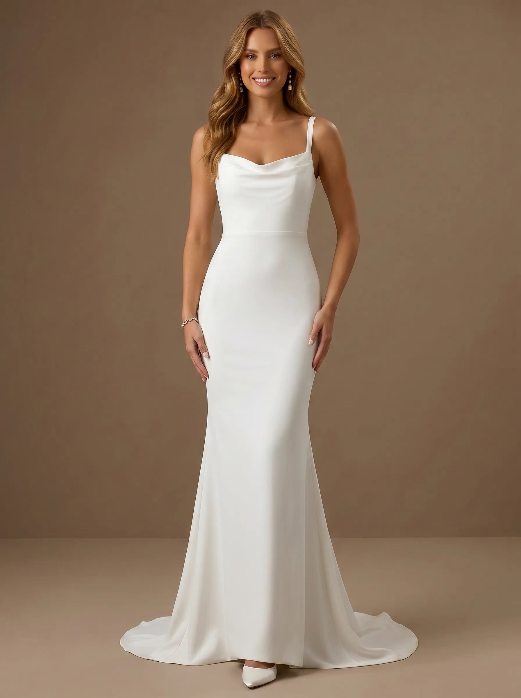 Spaghetti Strap Cowl Neck Satin Mermaid Wedding Gown