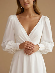 Deep V-Neck Satin A-Line Wedding Gown with Long Lantern Sleeves