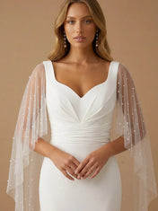 Elegant V-Neck Satin Mermaid Wedding Gown with Cape Sleeves