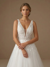 Deep V-Neck Lace Applique Tulle A-Line Bridal Gown