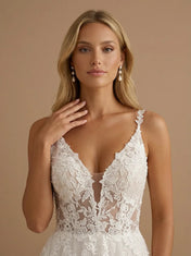 V-Neck Spaghetti Strap Lace Applique Tulle A-Line Bridal Gown