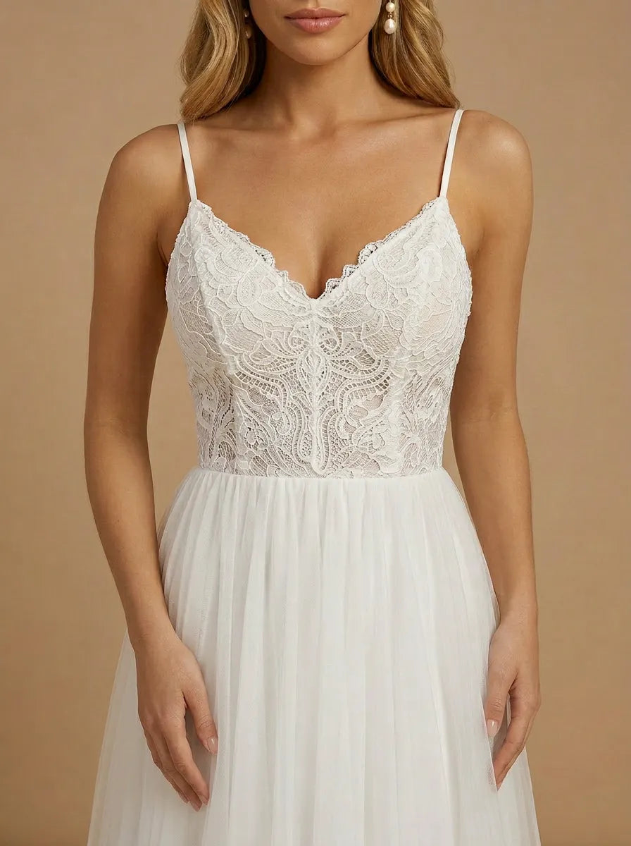 Spaghetti Strap V-Neck Lace Bodice Tulle A-Line Wedding Gown