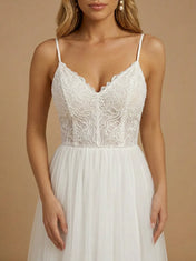 Spaghetti Strap V-Neck Lace Bodice Tulle A-Line Wedding Gown