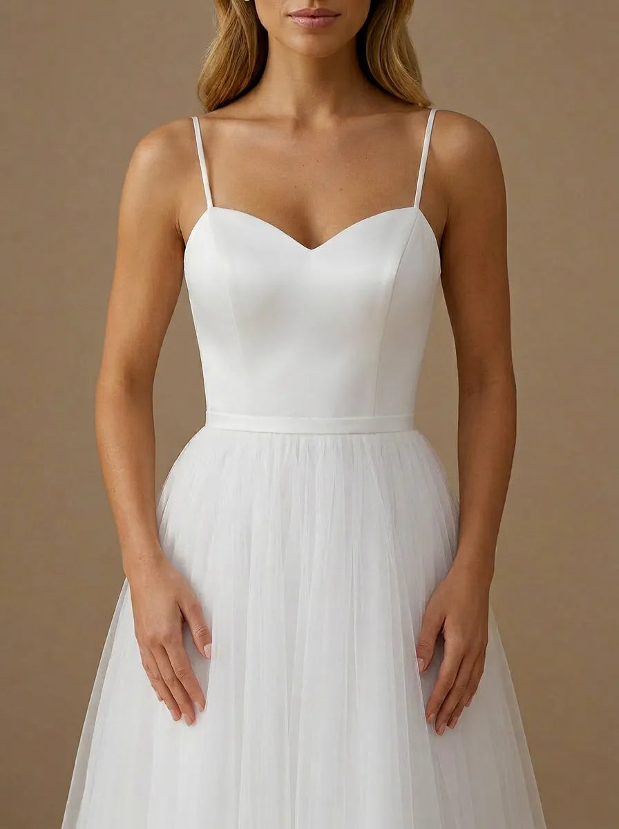 Sweetheart Neck Spaghetti Strap Satin Tea-Length Tulle Bridal Dress