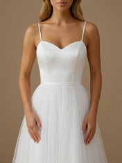 Sweetheart Neck Spaghetti Strap Satin Tea-Length Tulle Bridal Dress